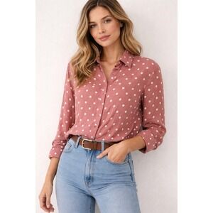 Zara Womens Shirt Blouse XS Pink White Polka Dot Long Sleeve Button 8026/575